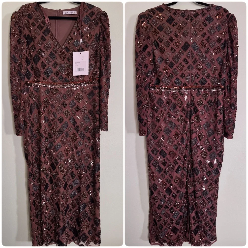 MAC DUGGAL size 14 Brown Geo Embellished Midi Sheath Dress - Picture 5 of 9